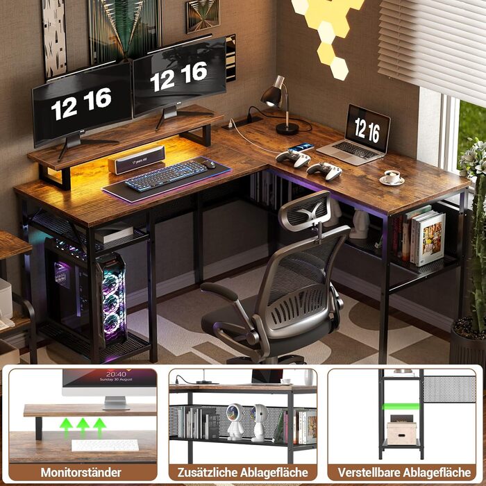 L-подібний ігровий стіл, 141x117x76 см, з полицею, для дому, офісу, навчання, ігор (Рустикальний коричневий)