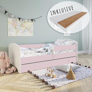 Дитяче дитяче ліжко Kids Collective 140x70 см з матрацом і ящиком, захистом від падіння та рейковим каркасом білий (80 x 160 см матрац, рожевий)