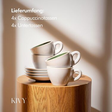 Набір кавових чашок KIVY Cappuccino (4 шт., 240 мл) з блюдцем - ручної роботи, з товстих стінок, з екологічного стеінгуту, стійкі до миття в посудомийній машині, колір: таємно зелений
