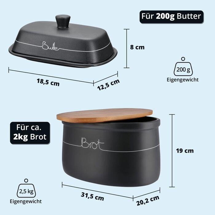 Набір контейнерів для картоплі, цибулі та часнику KHG, 3 шт., кераміка, бамбукові кришки, сірий антрацит, об'єм 3 л та 1,5 л (хлібниця та маслоблок)