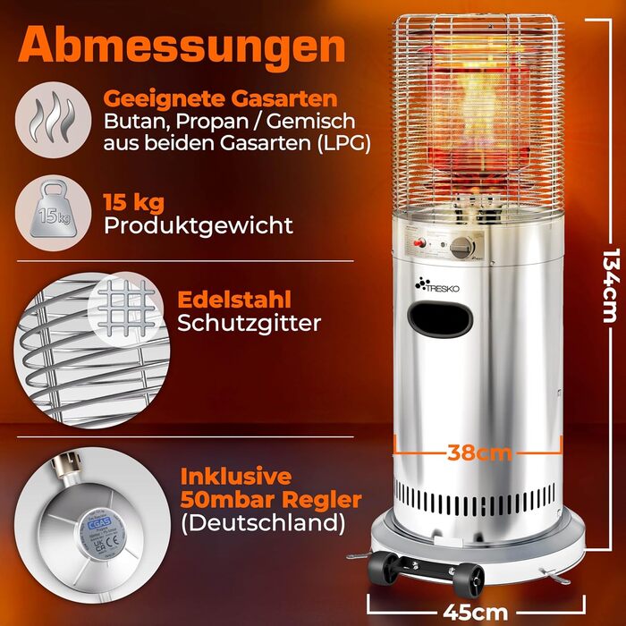Газовий обігрівач TRESKO® 11 кВт на колесах | Обігрівач для тераси, балкона та саду | Газовий нагрівач-гриб з шлангом та регулятором (сріблястий)