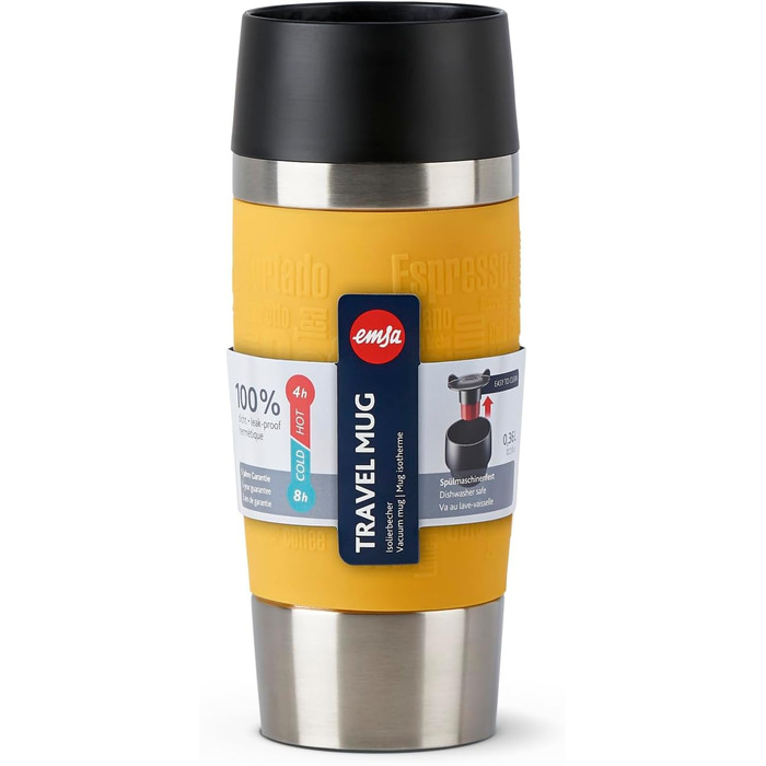 Термокружка Emsa Travel Mug Classic 360 ml, жовта, з рукавом, Quick-Press, 360° відкриття