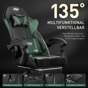 HLONONE Ігровий крісло, ергономічний геймерський крісло з кишеньковим пружинним матрацом, гоночний крісло для геймерів з підніжкою, підтримкою попереку, регульоване офісне крісло, вантажопідйомність 150 кг, PC крісло (Чорний-зелений)