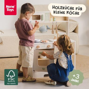 Дерев'яна дитяча кухня Nene Toys – іграшковий кухонний набір з підсвіткою та звуком, мийка, кран, мікрохвильова піч, духовка, полиці, гачки + аксесуари – іграшка Монтессорі від 3 років – подарунок для дівчаток та хлопчиків