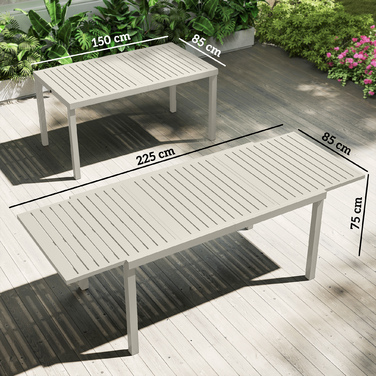 Розкладний обідній стіл з алюмінію 150/225 x 85 см для 6-8 осіб, прямокутної форми, з ламельною текстурою