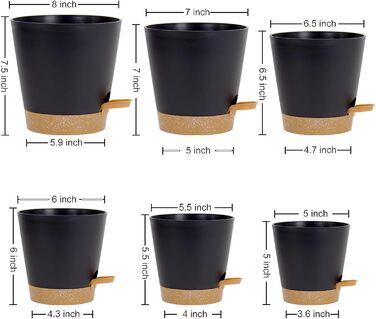 Набір горщиків для квітів 6 шт. з автополивом, 20.3-12.7 см, з підставкою, для дому та балкону, чорний/коричневий