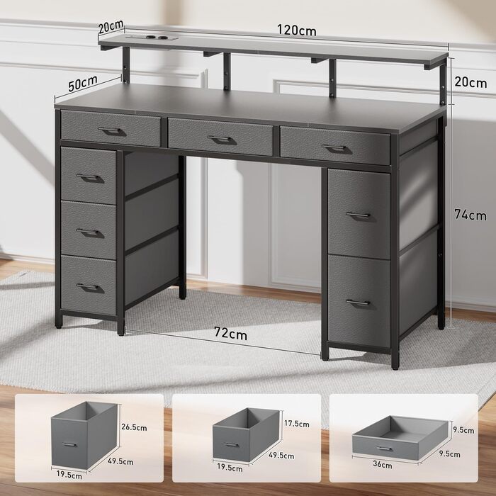 Комп'ютерний стіл з 8 висувними ящиками, 2 розетками, USB-портами, LED-підсвічуванням та підставкою для монітора, 120 x 50 x 74 см (сірий)