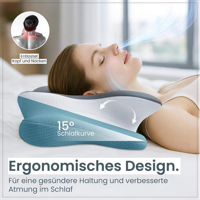 Ортопедична подушка для шиї при болях у шиї з високоякісної піни з пам'яті - Ергономічна подушка для шиї - Подушка для сну на боці, спині та животі - пральний чохол при 40°C Білий (61 x 40 x12, Сірий)