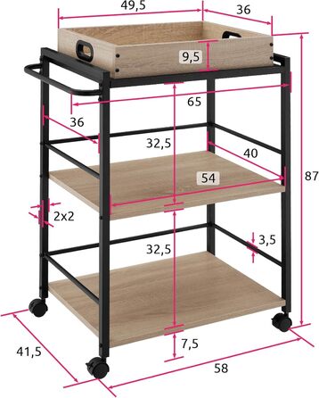 Візок для сервірування tectake з підносом, 65x41.5x87 см, кухонний візок на колесах, 2 дерев'яні полиці, промисловий стиль, дуб Sonoma