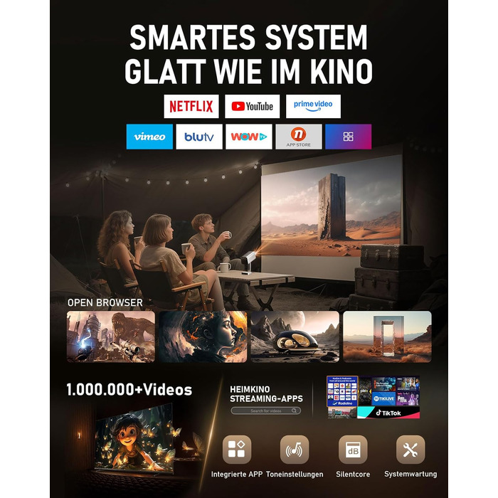 Mini проєктор Smart Beamer 4K з автофокусом, WiFi6, Bluetooth, 28000 люмен, підтримка Netflix та Dolby Audio. Підходить для домашнього кінотеатру та використання на вулиці. Сумісний з телефонами та ПК.