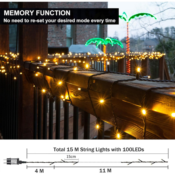 Ялинкові гірлянди Yogle, 15M 100 світлодіодів, пульт дистанційного керування, 8 режимів, таймер, водонепроникний, освітлення ялинки, садові різдвяні прикраси, теплий білий