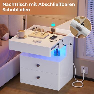 Нічний столик AOGLLATI з прихованим відділенням, розеткою та LED-підсвіткою, 2 висувні ящики, полиця, глянсова поверхня (40x35x59 см, білий, 2)