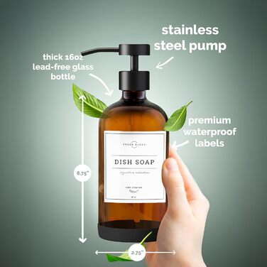 Набір дозаторів для мила на кухню та у ванну кімнату, 2 шт. з нержавіючою сталею, скляні флакони 475 мл, з водонепроникними етикетками