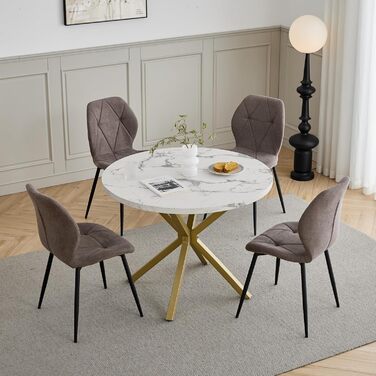 Набір обіднього столу GrandCA HOME: круглий стіл 100 см та 4 сучасні лінові стільці, для вітальні, кухні, їдальні. Колір: темно-сірий + коричневий (під мармур)