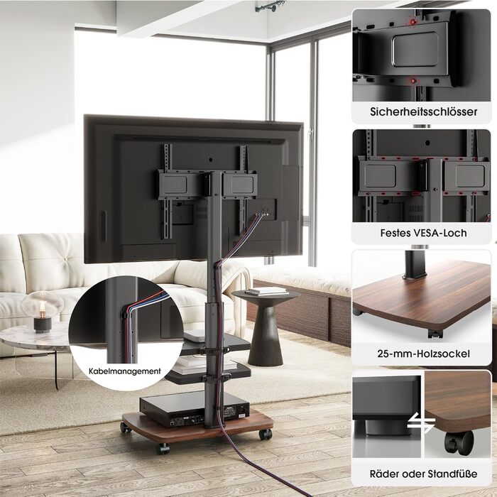 Підставка для телевізора мобільна з поличками Holzablage 32-65 дюйми, чорний/вінтажний коричневий, до 40 кг, VESA 400x400