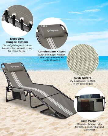 Шезлонг KingCamp великого розміру, розкладний, 5 положень, для саду, відпочинку, кемпінгу, з подушкою та кишенею, до 200 кг, 200 x 68 см, сірий