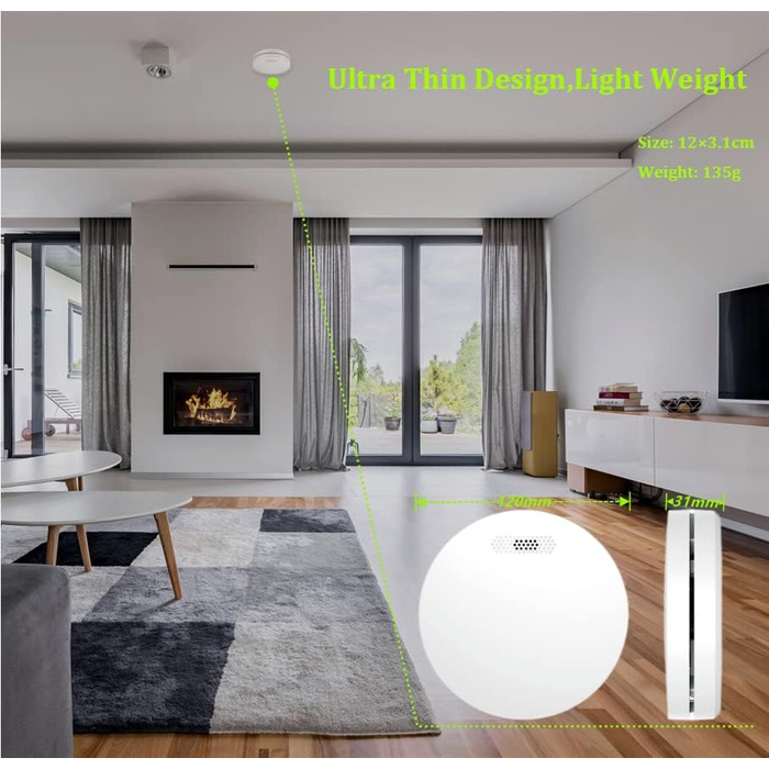 Набір димових сповіщувачів Rauchmelder 5шт. з батареєю на 10 років, плоскої форми, сертифіковані TÜV Rheinland, з функцією вимкнення звуку, 85dB, автономні, чутливі, білі