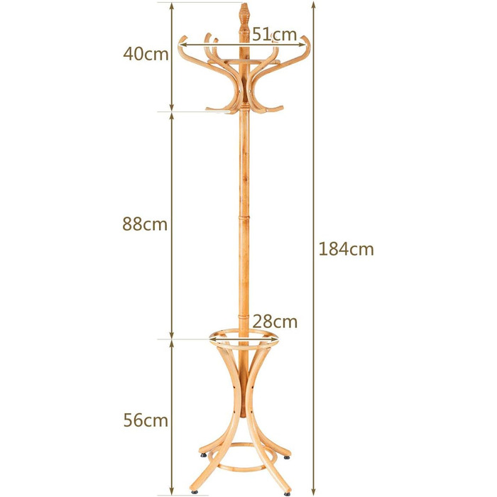 Стійка для одягу GIANTEX з підставкою для парасольки, дерев'яна, 12 гачків, для передпокою/вітальні (натуральний колір)