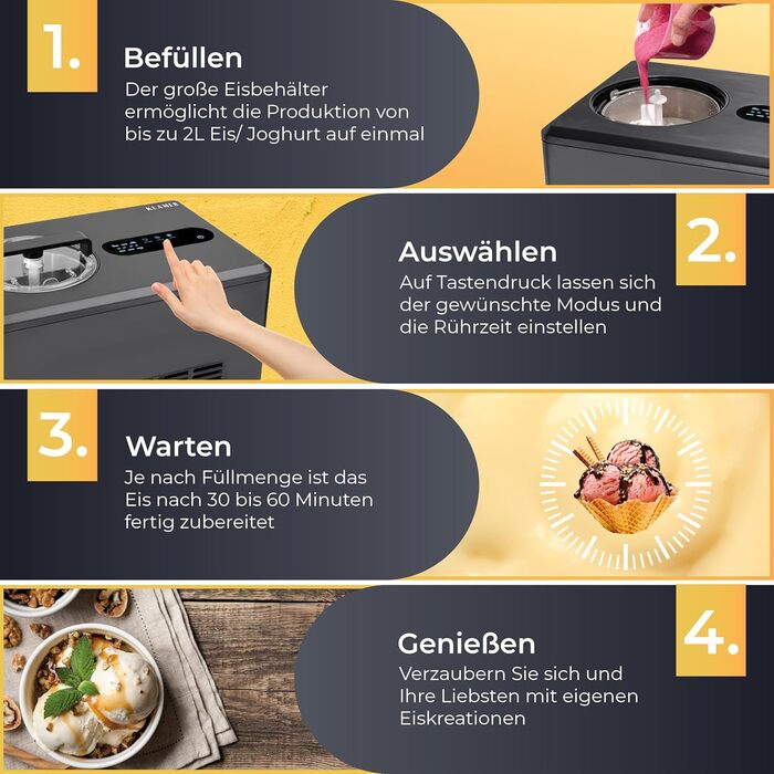 Машина для приготування морозива та йогурту KLAMER 2-в-1, 2 л, 220 В, з нержавіючої сталі, з функцією охолодження та нагрівання, самостійно охолоджується, регулювання консистенції, чорний