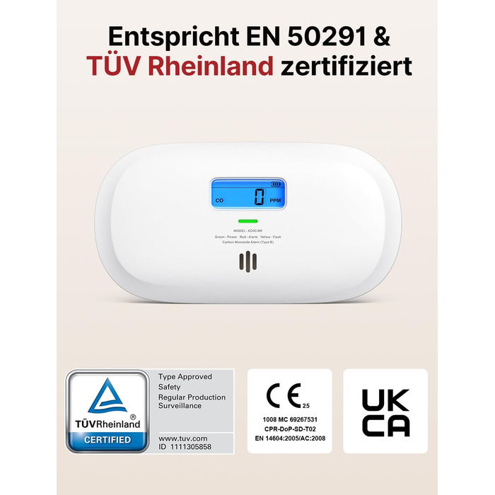 Детектор чадного газу X-Sense, сертифікований TÜV Rheinland, датчик на 10 років, з змінною батареєю та цифровим дисплеєм, кнопка тестування, автономний, білий