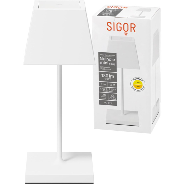 SIGOR Nuindie - LED-лампа на акумуляторі, диммер, для дому та саду, IP54, 38 см, 12 годин роботи, сніжно-білий колір