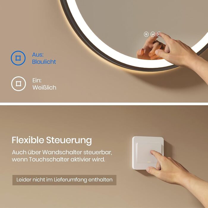 Дзеркало для ванної кімнати EMKE з підсвічуванням, діаметр 50 см, чорний каркас, регульована яскравість, 3 кольори світла, антизапар, сенсорне керування, функція пам'яті