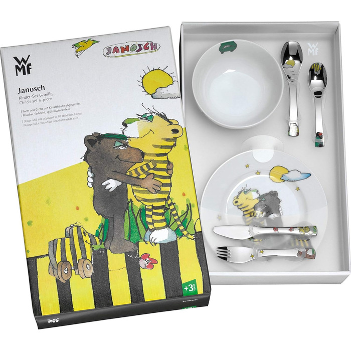 Набір дитячого посуду Janosch WMF 6 предметів, нержавіюча сталь Cromargan, для дітей від 3 років, можна мити в посудомийній машині