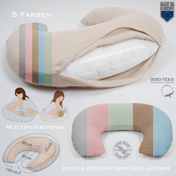 Подушка для годування та вагітності PaLulli XL (170x30 см), органічна бавовна, мусліновий чохол, колір шавлія