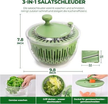 SUSTEAS Салатниця-швидкокрутка 4.5л з кришкою, чаша для салату з 5-лопатевим ножем, механізм Kubelantrieb та сепаратор для яєць – для миття, сушіння та нарізання салату, овочів, фруктів