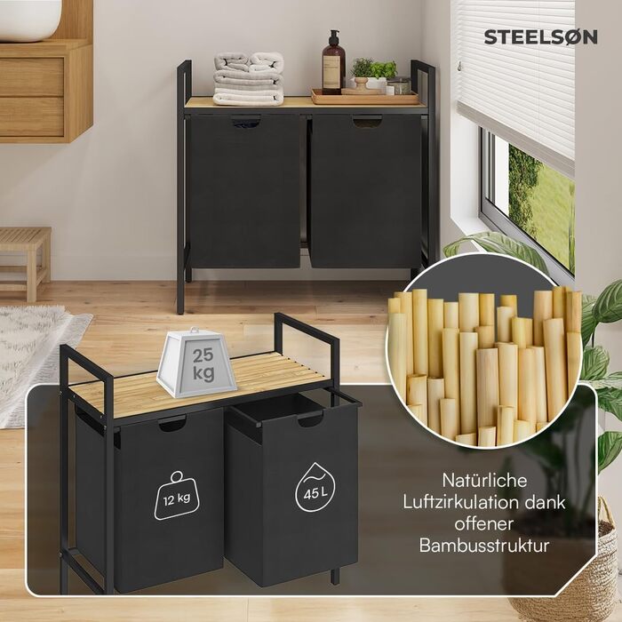 STEELSØN Rigil Кошик для білизни з 2 відділеннями – з полицею з бамбука – 2x 45 л – чорний металевий сортер для білизни – знімні мішки для білизни – контейнер для брудної білизни 2 відділення