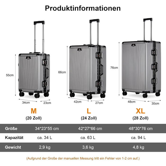 Набір валіз HOMELUX 3 шт. срібного кольору з ABS-пластику. Валізи з жорсткою обшивкою, ручки-телескопи, розміри M, L, XL. Ідеальний набір для подорожей.
