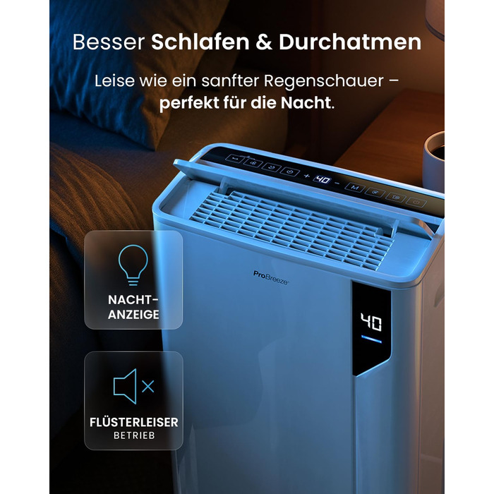 Електричний осушувач повітря Pro Breeze 20L - для приміщень до 35м², з функцією сушіння білизни, датчиком вологості, таймером та фільтром. Захист від плісняви. Керування через додаток.