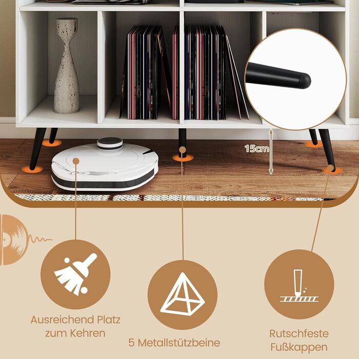 Підставка для програвача COSTWAY з зарядною станцією, тумба для програвача з полицями для зберігання вінілу, стіл для зберігання платівок з 5 металевими ніжками, комод для вітальні, музичної кімнати (білий)