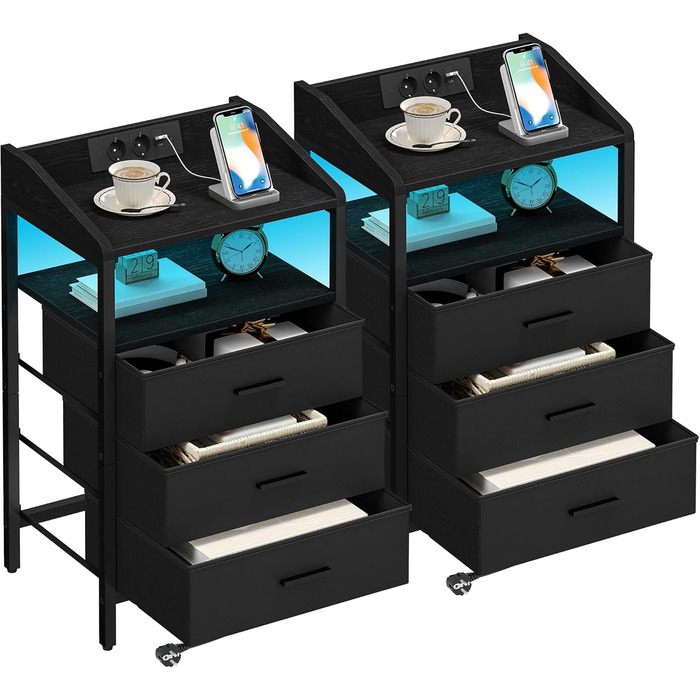 Набір приліжкових тумбочок Hzuaneri 2 шт. з LED-підсвічуванням, зарядкою USB та 3 висувними ящиками, для спальні/вітальні, чорний (NS35504B)