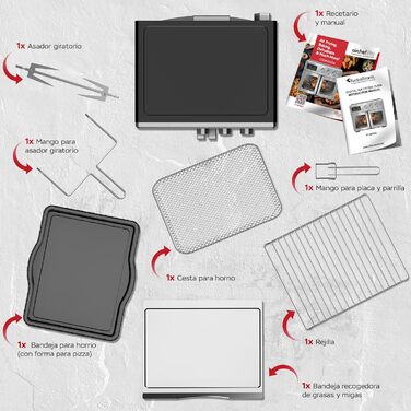 TurboTronic Міні-піч 4в1: конвекційна піч, фритюрниця, дегідратор, гриль. Об'єм 32л, з поворотним шампуром та аксесуарами. Чорний колір.