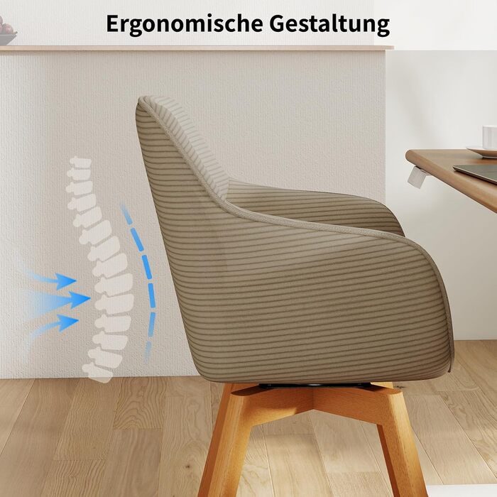 LEWE Комплект з 4 обертових стільців для їдальні з підлокітниками, 360° обертання, сучасна тканина Cord, стільці для кухні з дерев'яними ніжками та спинкою для вітальні, їдальні, спальні (Хакі, 4шт)