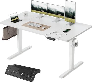 FEZIBO Стол підйомний електричний з USB-A та USB-C, 160 x 80 см, білий. Ергономічний стіл для дому та офісу