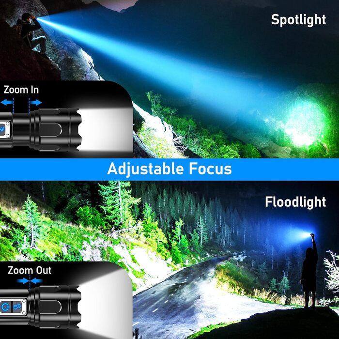 Ліхтар Blukar LED з двома температурами світла, бічним COB-підсвічуванням, регулюванням яскравості та зумом, акумуляторний, водонепроникний, 7 режимів, чорний