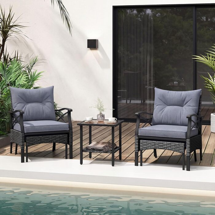 Садовий набір меблів COSTWAY з ротангу, 5 предметів: 2 крісла з подушками, пуф та стіл для балкона, тераси, саду (Чорний + Сірий)