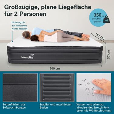 Надувна повітряна матрац Skandika Sveja Flex з USB-насосом | Матрац для кемпінгу, 204x151x43 см, 300 кг, для 2 осіб