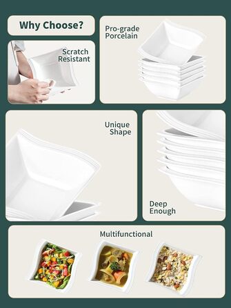 MALACASA Серія Flora – 60-елементний посуд для 12 осіб – кремово-білий порцеляновий сервіз з квадратним дизайном (тарілки, чашки, підставки) – придатний для миття в посудомийній машині та мікрохвильовій печі, білий