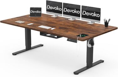 Регульований стіл Devoko 200x80 см з USB-C, електричний, мобільний, з органайзером для кабелів, білий/вінтажний коричневий