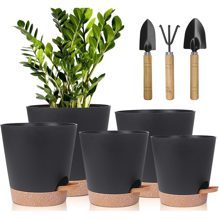 5 горщиків з пластику з системою поливу, 17.8/16.5/15.2/13.9/12.7 см. Самополивні кашпо з підставкою, круглі горщики для квітів, сукулентів, кактусів, кімнатних рослин, балкона та саду, зелені (чорний, коричневий)