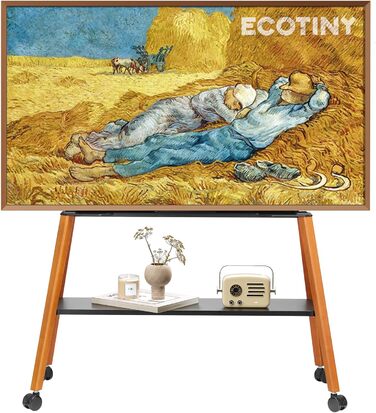 Підставка для телевізора ECOTINY на колесах для 49-75 дюймів, до 40 кг, Easel Design, металева конструкція з дерев'яною полицею, білий (чорний)