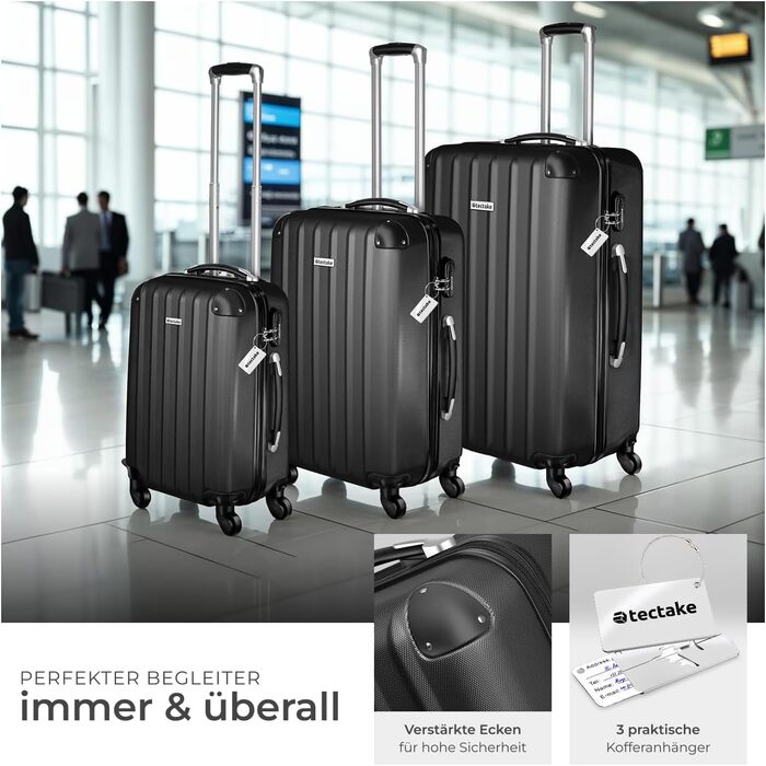 Набір валіз Tectake 3 шт. з ваговою та ідентифікатором, M-L-XL, ABS, чорний