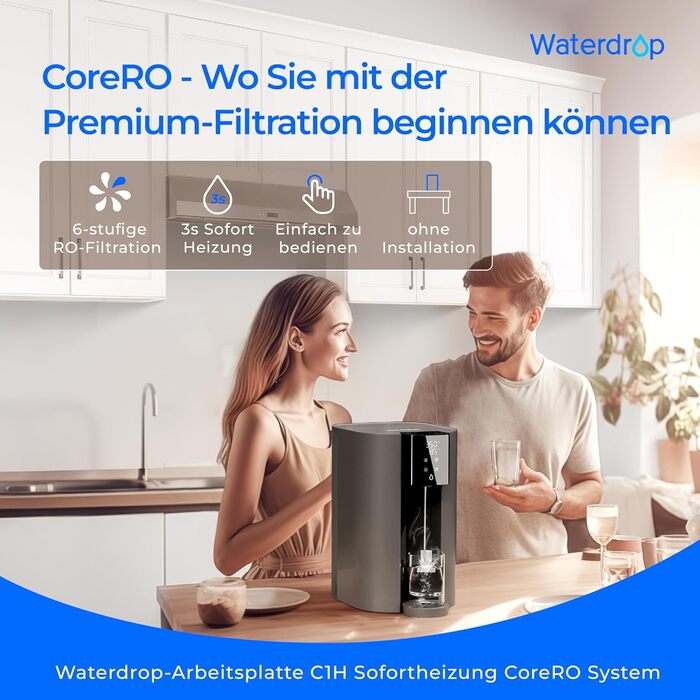 Система зворотного осмосу Waterdrop CoreRO для встановлення на стільницю з миттєвим гарячим водопостачанням, 5 температурних опцій, 6-ступенева фільтрація, 3:1 чиста вода до відпрацювання, зменшує PFAS, без встановлення, WD-C1H