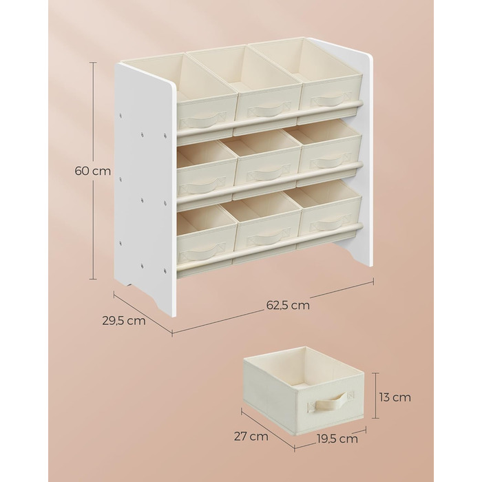 Дитяча полиця з 9 коробками з нетканого матеріалу, 29,5 x 62,5 x 60 см, хмара біла, GKR033G10