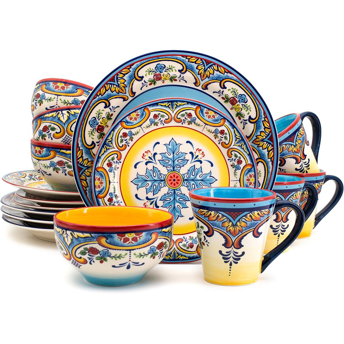 Набір посуду Euro Ceramica Zanzibar Collection, 16 частин, для кухні та їдальні, на 4 особи, з іспанським квітковим візерунком, блакитно-жовтий