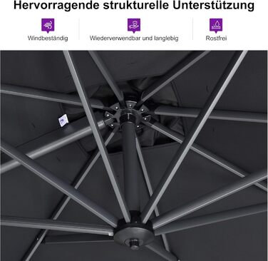 Парасолька від сонця PURPLE LEAF 300x400 см, велика підвісна парасолька-ампел з рукояткою, поворотом на 360° та хрест-підставкою для тераси та балкона, чорна