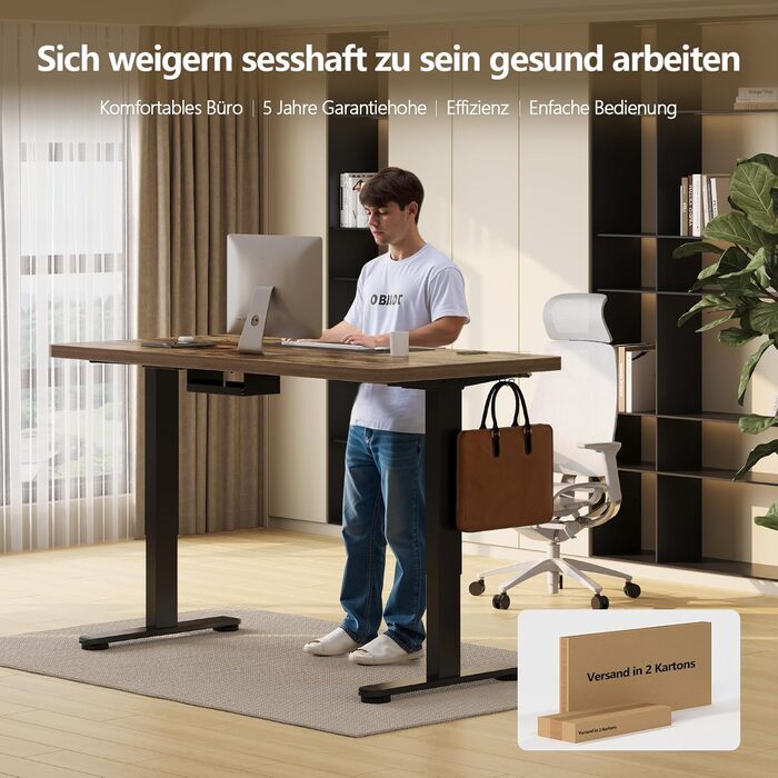 Регульований стіл, 180x80 см, електричний стоячий стіл з двома моторами, сенсорна панель, USB-A, кабелеуправління, стільниця 25 мм, ергономічний офісний стіл, білий (180 x 80 см, коричневий)